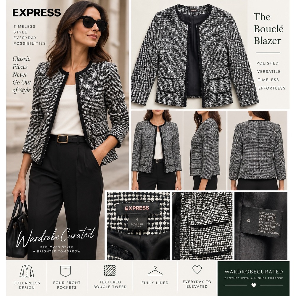 Express Womens 4 Black White Boucle Tweed Blazer Jacket Luxury Style Fringe